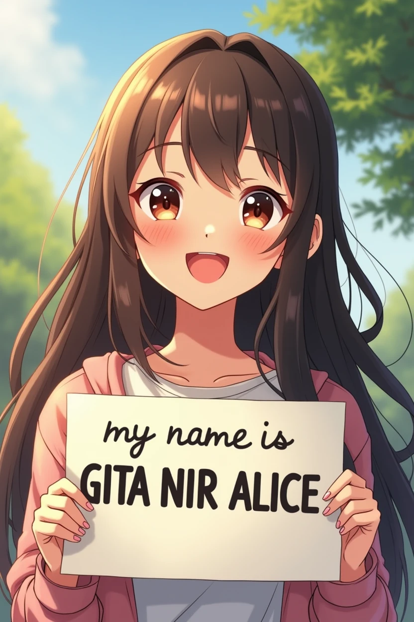 a beautiful and cute woman holding up a sign "my name is GITA NIR ALICE", joyful, happy, anime illustration, photorealistic, oil painting