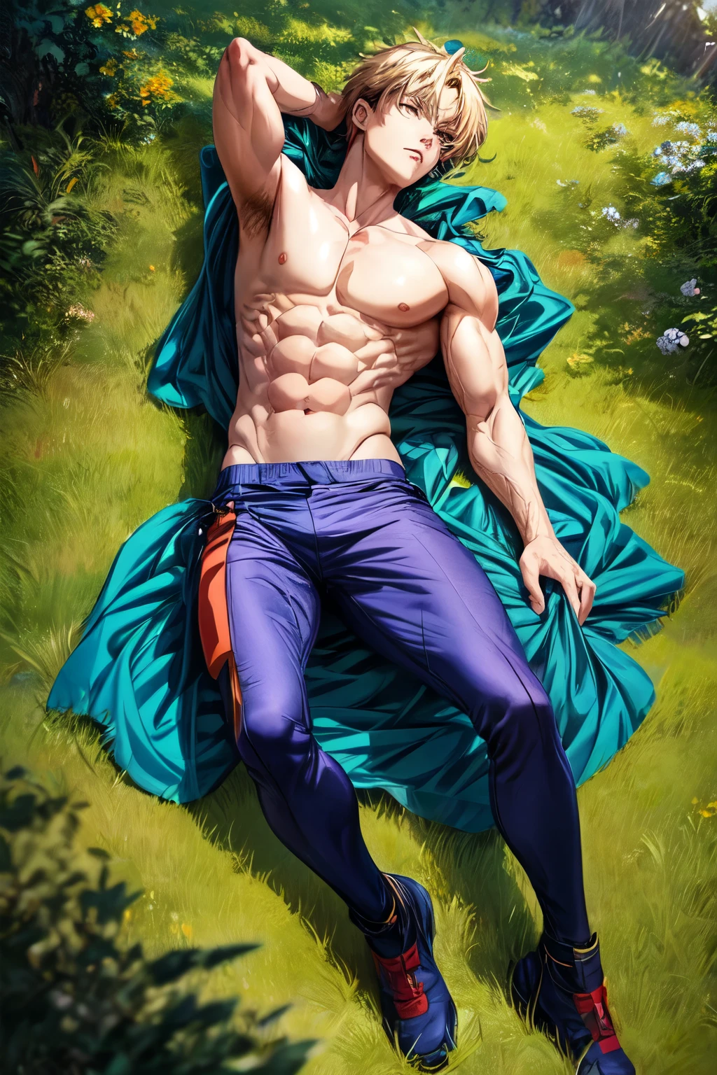 Anime male, laying down on his back, in a field of grass in a forest, line art, full body, hand on his stomach ,1man, male focus
((best Quality)), ((masterpiece)), (detailed) (anime), ((line art))