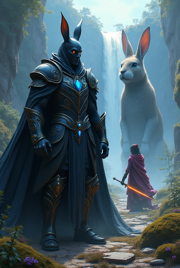 dark man,stark, armour,gypsy person,elsword,giant rabbit island, blue stone necklace,fancy, waterfall,fire,magie,might, cheerfulness