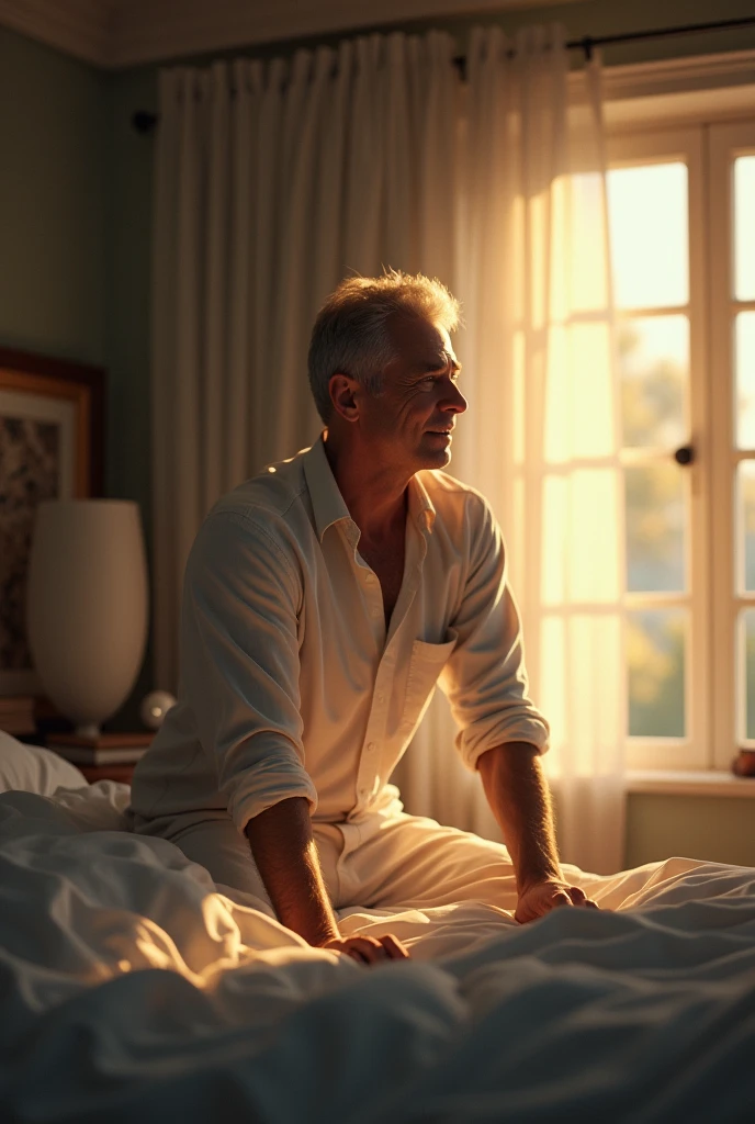 A man getting up form bed in the morning