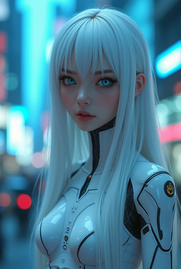 ((best quality)), ((masterpiece)), (detailed), perfect face, a beautiful woman with white long hair and a sky blue reflection, she has a tufted fringe, she has sky blue eyes in a cyberpunk city with sky blue lights and she is half cyborg with no clothes, Total body. Hentai.