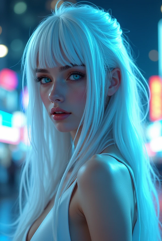 ((best quality)), ((masterpiece)), (detailed), perfect face, a beautiful woman with white long hair and a sky blue reflection, she has a tufted fringe, she has sky blue eyes in a cyberpunk city with sky blue lights and she is half cyborg with no clothes, Total body. Hentai.