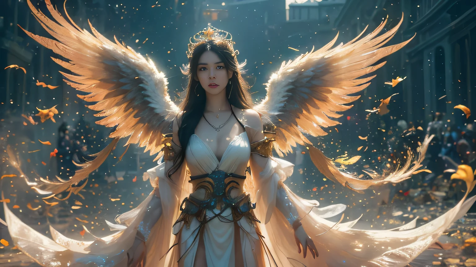 Black Hair, Hair shaking, victory, Long eyelashes, Solid round eye, A faint smile, ears red, direction, Surrealism, shadow, Relief, Stereogram, Standing picture, Throw, Atmospheric perspective, 8K, Super Detail, precise, best quality.masterpiece, best quality, (Extremely detailed CG unity 8k wallpaper), (best quality), (Best Illustration), (The best shadow), absurd, Realistic lighting, (abyss), Beautiful and delicate light, Peter Moore (Peter Mohr Bacher) Artworks,（White Wings 1.3）。Angel Girl，Flying to the clouds，White Cloud，White Cloud，Blue sky。Blue sky。Blue sky。（White papal robe1.3），（Golden Wings 1.3），Wearing a crown on his head，