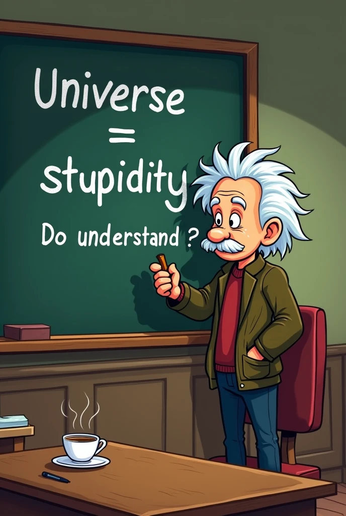 cartoon style, Einstein wrote on the blackboard in the classroom, "Universe = stupidity" and "Do you understand?" and looked down while drinking coffee