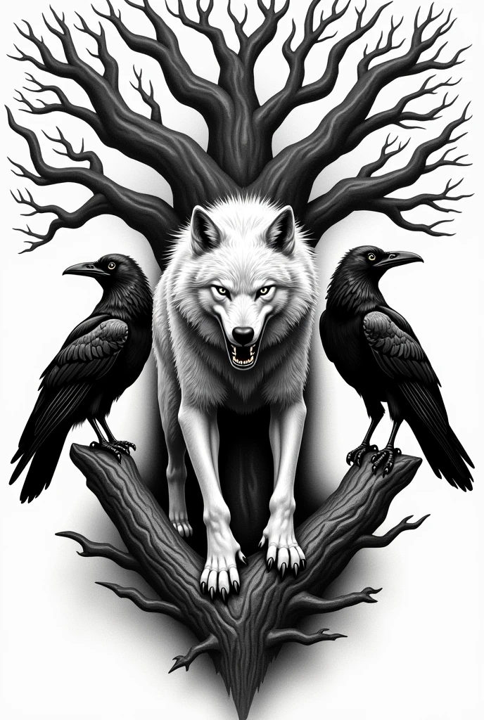 Fenrir between two of Odin's ravens, with the Yggdrasil tree beneath them. black and white tattoo