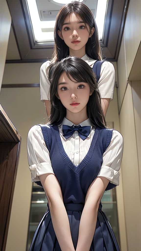 (masterpiece:1.2, Highest quality), (Realistic, photoRealistic:1.4), (Large Breasts:1.5), Beautiful illustrations, (Natural Side Lighting, Cinema Lighting), Written boundary depth, Looking at the audience, (Face Focus, Upper Body), Front view, 1 girl, Japanese, high school girl, 15 years old, Perfect Face, Symmetrical cute face, Glowing Skin, (Bob Hair:1.7,Black Hair), Asymmetrical bangs, Big eyes, Droopy eyes, long eyelashes chest), thin, Beautiful Hair, Beautiful Face, Beautiful and beautiful eyes, Beautiful clavicle, Beautiful body, Beautiful breasts, Beautiful thighs, Beautiful feet, Beautiful fingers, ((Quality fabric texture, Brown knitted vest, Short sleeve white collar shirt, Navy Pleated Skirt, Navy bow tie)), (Beautiful views), evening, (Inside the flower shop), Are standing, (smile, Excellent, Open your mouth), (From below:1.5),(Poor horizon:1.5), (From below)