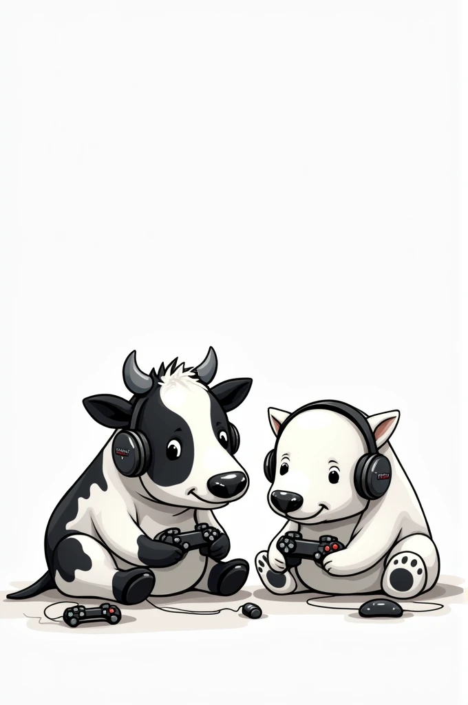 A black and white cow and a polar bear playing video games with controls in their hands and a headset cover for a YouTube channel
