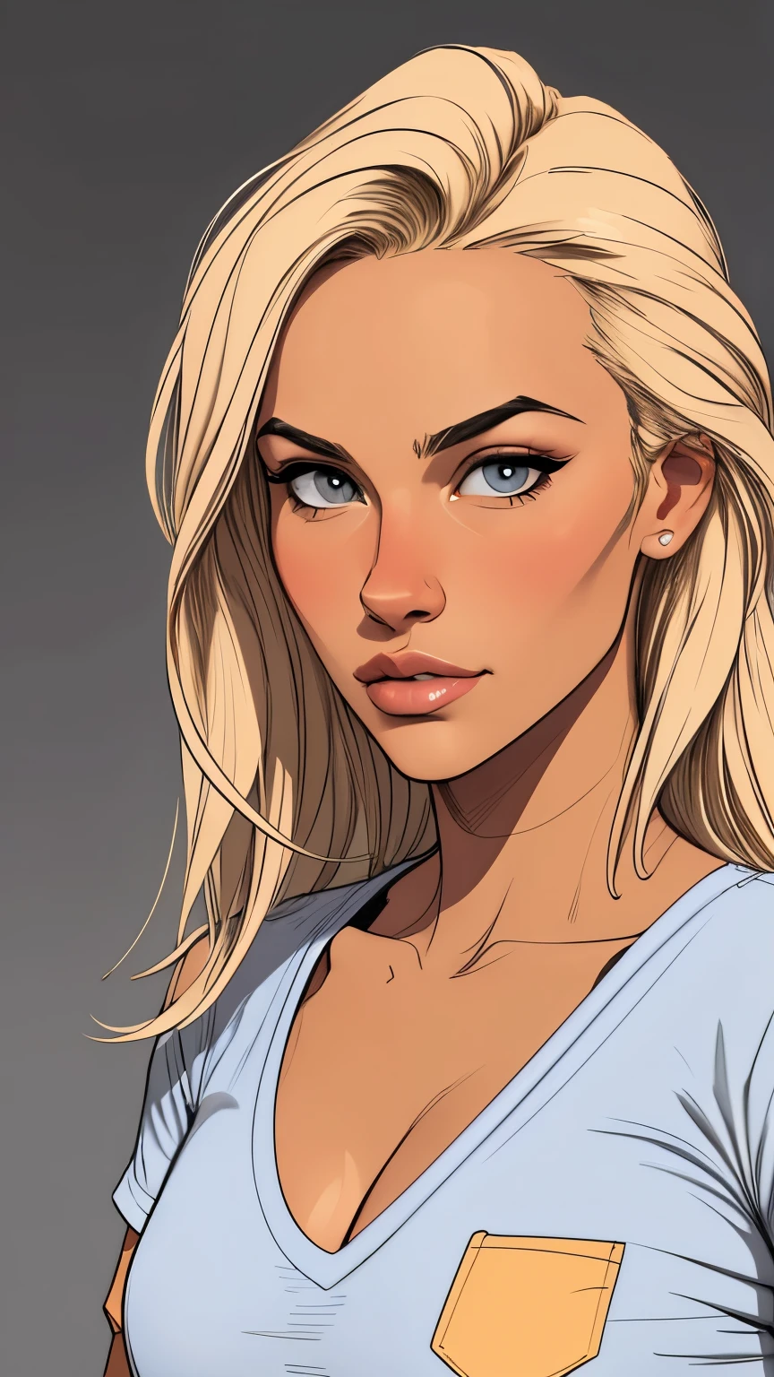 Flat colors, close up, Portrait of a 25 year old surfer girl, tan skin, beach blonde salty hair, natural beaty, beautiful, casual, pocket Tee shirt, Cleavage, (([Dark Grey Background]))