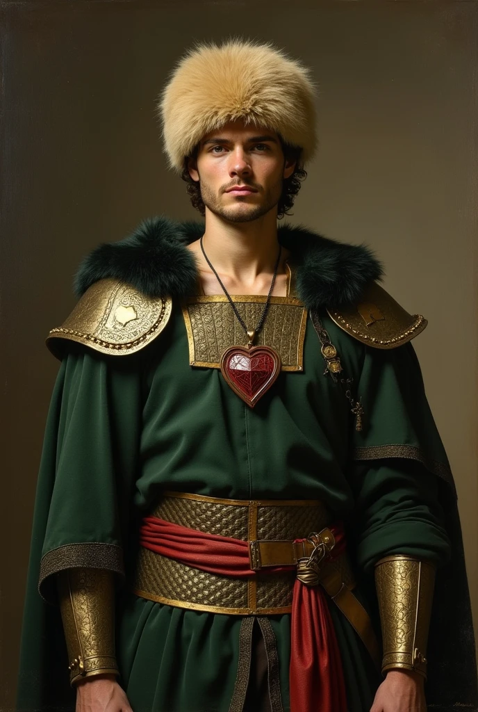 {{Masterpiece, best quality, oil painting, by Franz von Stuck, male focus, muted colors}}, the composition is: (((a dramatic half body portrait of a 25 years old ancient Roman guard, sexy, muscular, magnificent, wearing a beige Russian fur hat, he is wearing a red diamond shape pendant))). ((((He is wearing a dark green lorica armor made of velvet, alligator leather, with ronin inspired elements, Slavic inspired elements, wearing a satin sash))).