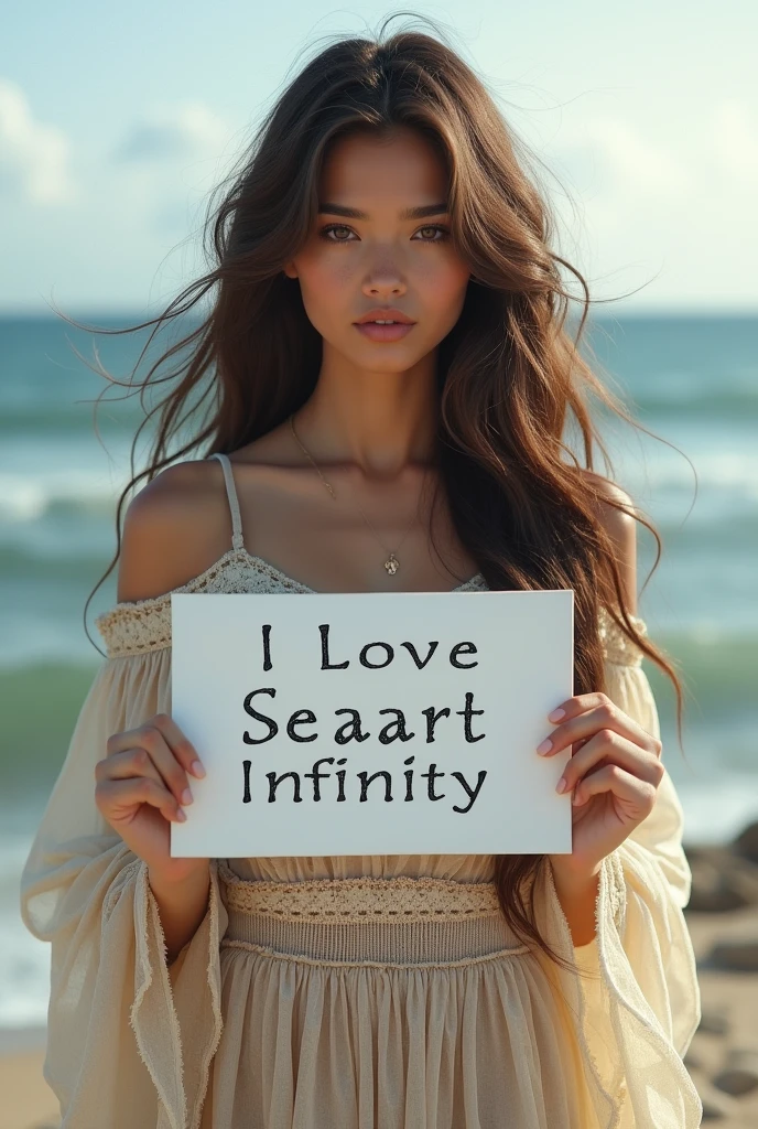 Beautiful girl with wavy long hair, bohemian dress, holding a white board with text "I Love Seaart Infinity" and showing it to the viewer