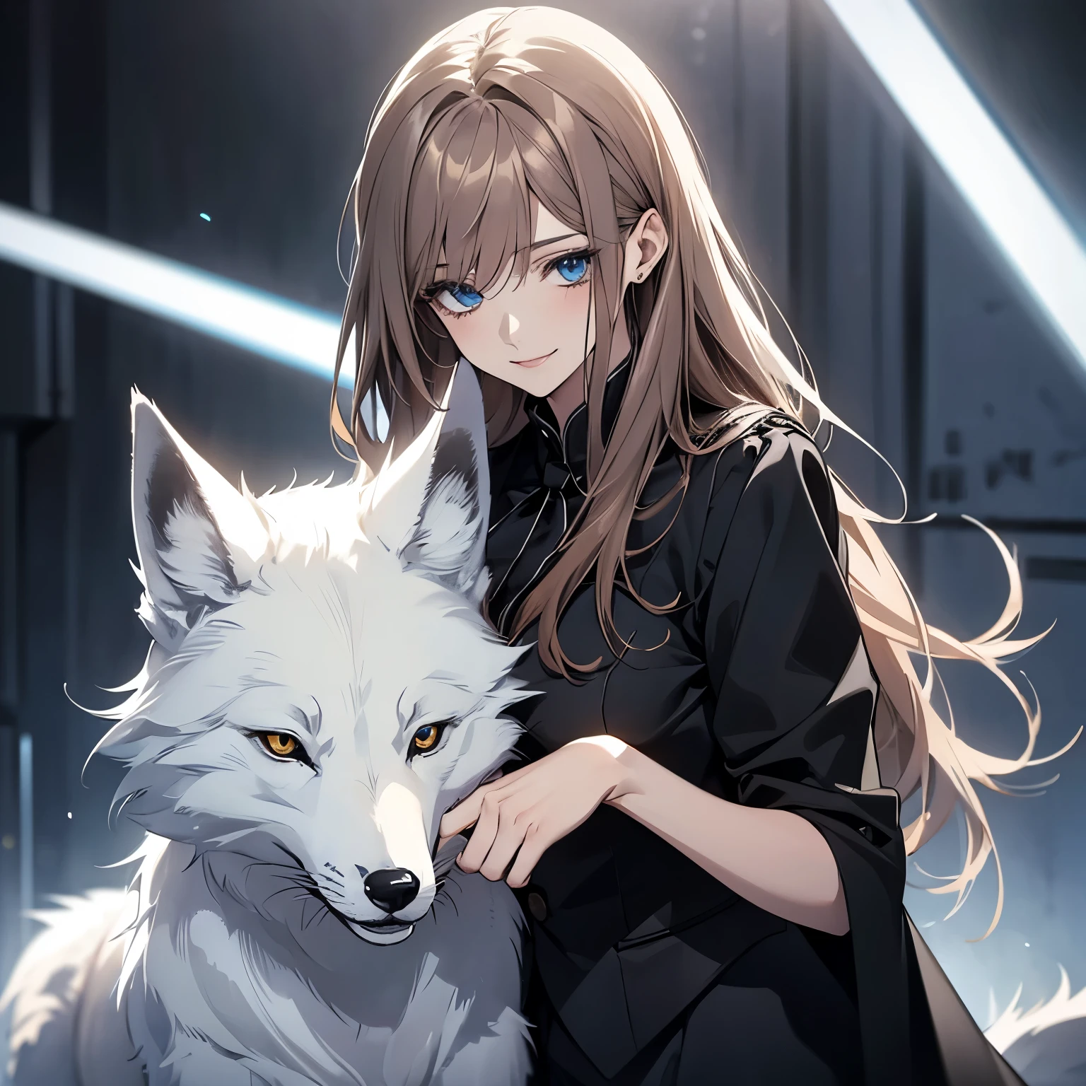 (Highest quality,High resolution,Very detailed),1 girl, Beautiful and elegant light blue eyes, Brown Hair, Cold Smile,Straight long hair tied back, Wearing a black suit, Mature Woman, Age 27,Cruel smile, Calm and Calm, Slim figure, Pale complexion, thin, Calm, secretary,Big White Foxを連れている,Big White Fox,Small breasts