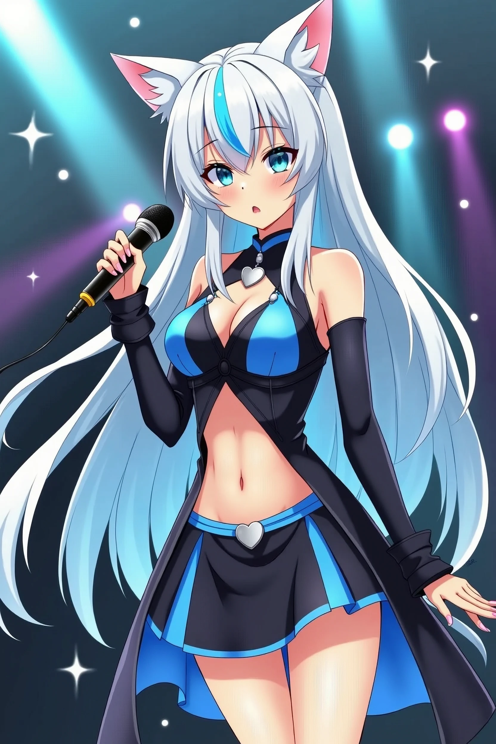 a drawing of a magical girl with anime aesthetics who is an idol with long white hair and cat ears and tail, wearing a short skirt and a modern top with her belly exposed and showing some skin, with a microphone in his hand singing, The dress is very striking and colorful in blue and black tones, with white ears and tail, and the hair has soft light blue highlights, On her neck she has a necklace with a silver heart-shaped plate, In the background there are lights and sparkles as if I were at a concert