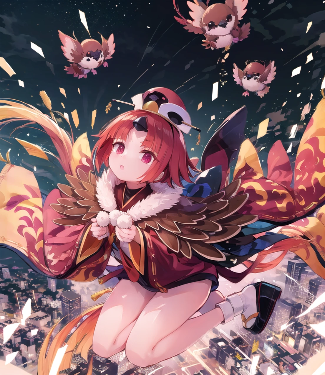 masterpiece,best quality,photography, official art,closeup shot:1.2,((falling from the sky:1.3)),night sky,Perfect hands,Background starry sky,Thigh,(gazing upward:1.2),smile,sparrow,1girl,Me_enma,sleeves, japanese clothes, hat,parted bangs, sleeves past wrists,whole body