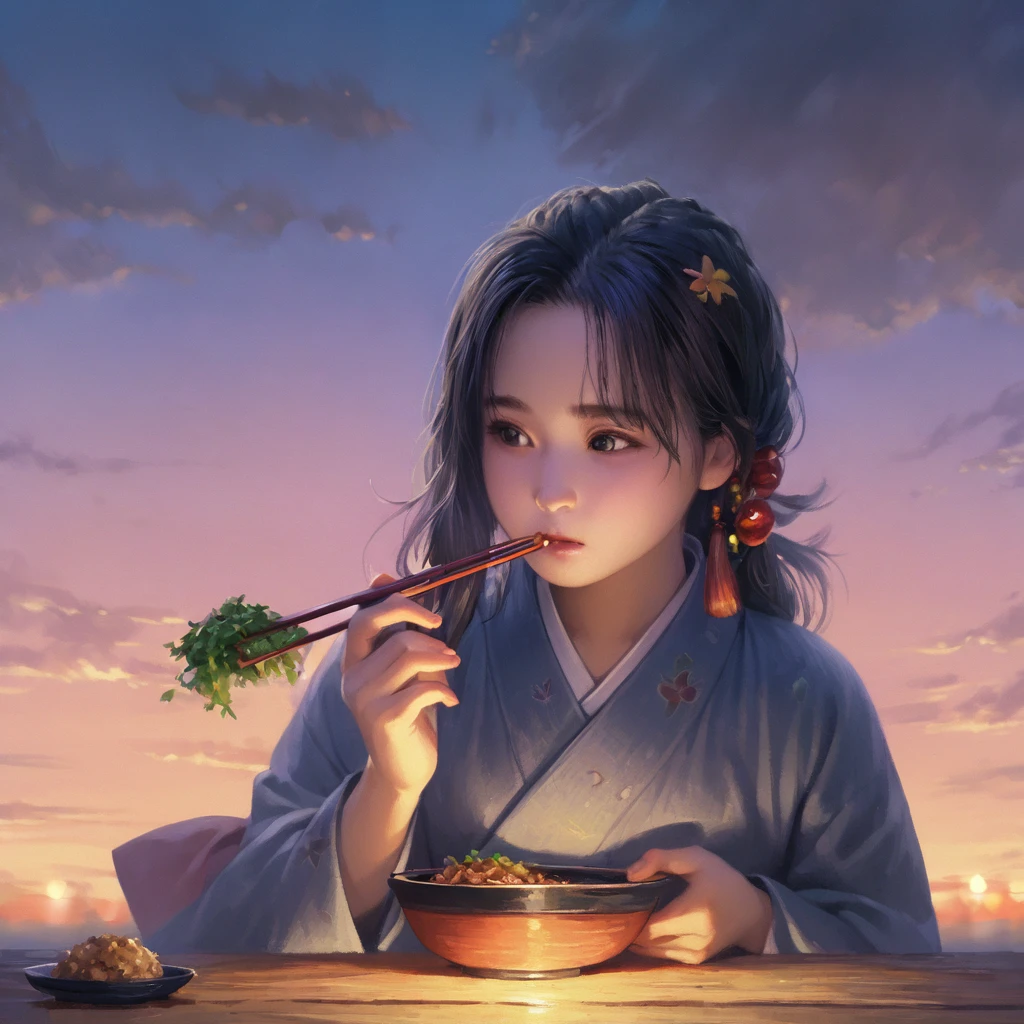(Highest quality:1.2), A girl wearing a kimono is eating natto with chopsticks, break, Final Fantasy VI, Looking for friends, evening, Feelings of the End, hope