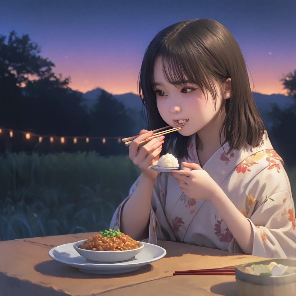 (Highest quality:1.2), A girl wearing a kimono is eating natto with chopsticks, break, Final Fantasy VI, Looking for friends, evening, Feelings of the End, hope