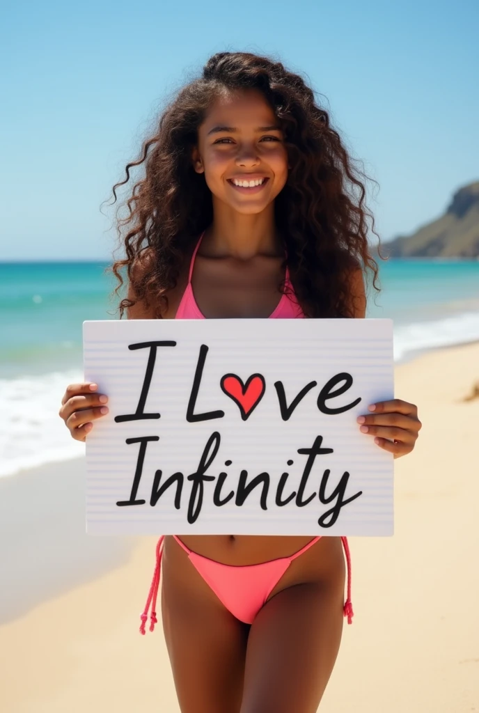 Beautiful moroccan girl with curly long hair, in bikini on beach, holding a white board with text "I Love Seaart Infinity" and showing it to the viewer