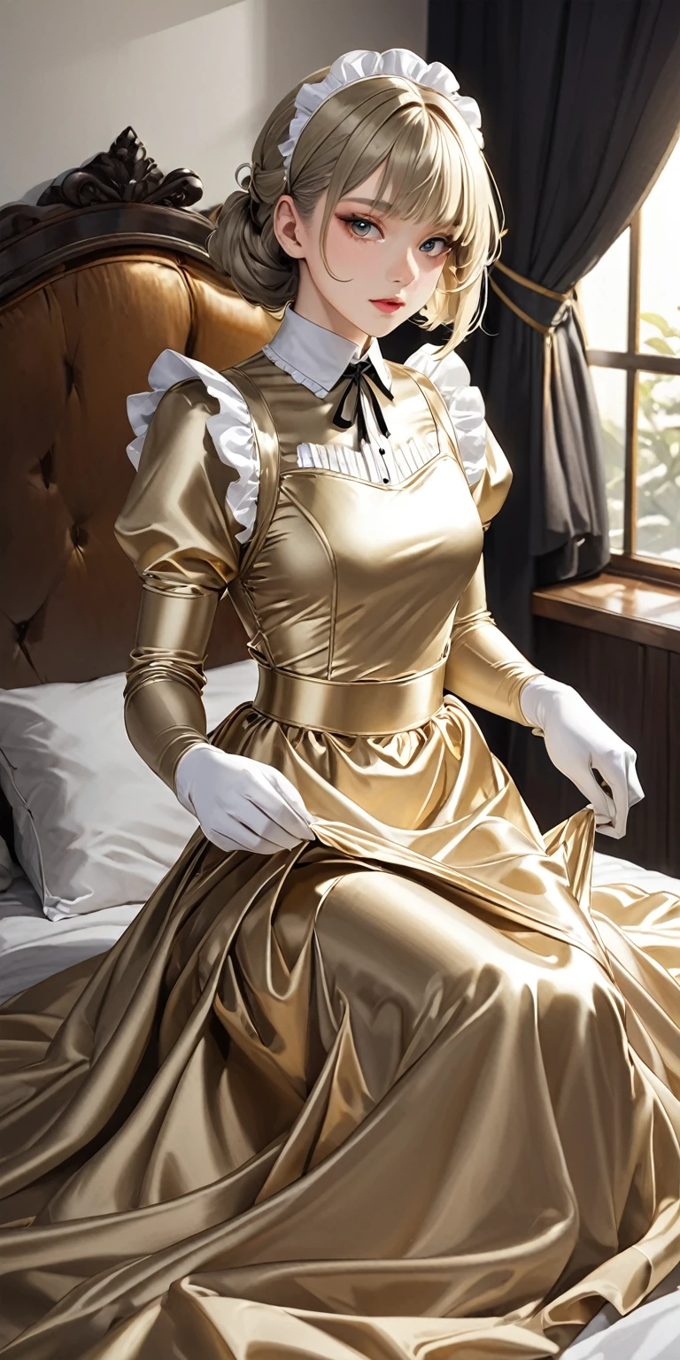 Portraiture、(masterpiece,Highest quality,Ultra-high resolution),Japanese women, Bob Hair、(((Very beautiful 25 year old girl)))、(She is wearing a shiny pale gold satin long sleeve maid outfit..)、The dress has a simple design without any patterns...、(((A long skirt made of pale gold satin.)))、Pale gold satin gloves、((Pale gold satin bodysuit))、Sitting on a pale gold satin bed