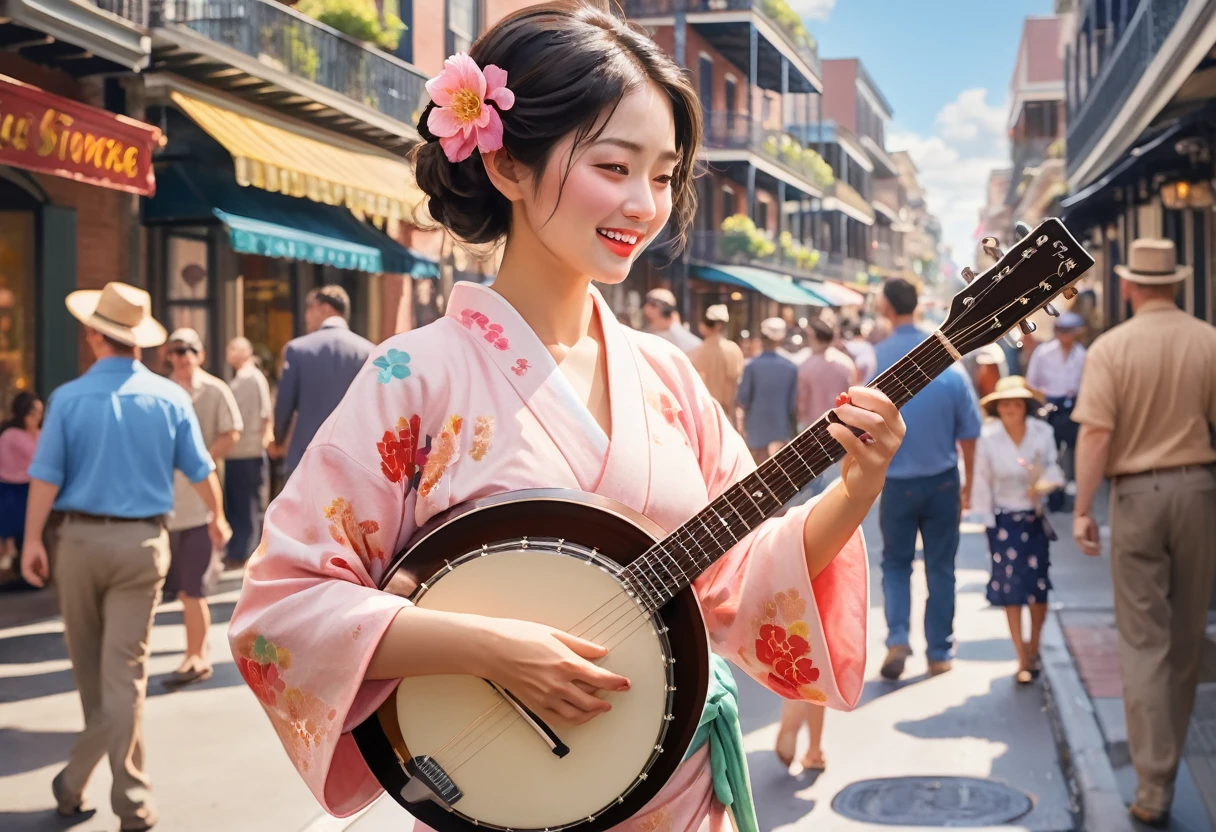 New Orleans, Louisiana, USA　Bourbon Street　A beautiful Japanese woman in a kimono happily plays the banjo along with a jazz band on a busy street in the American South during the day　waterPainterly