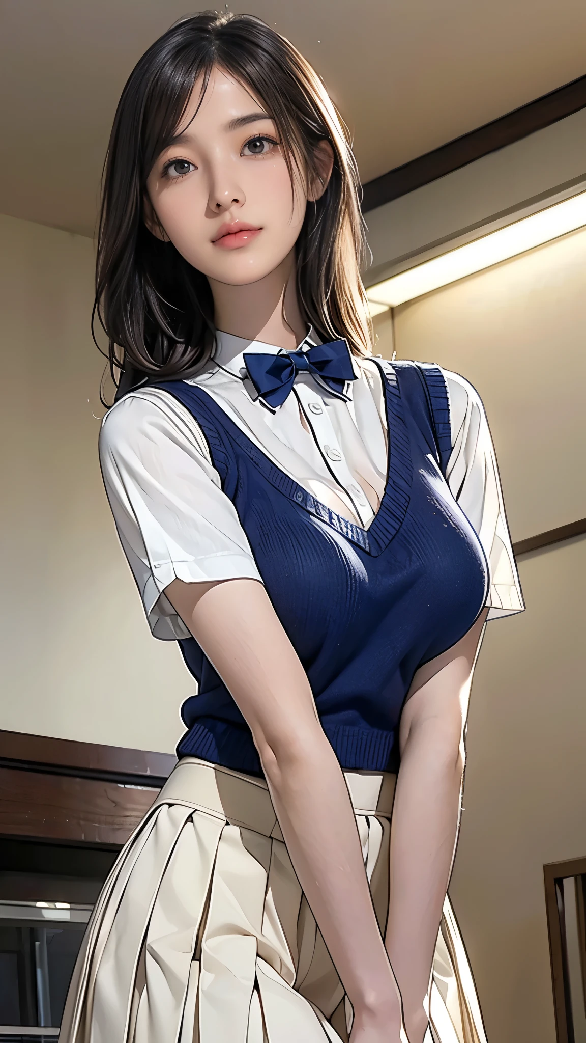(masterpiece:1.2, Highest quality), (Realistic, photoRealistic:1.4), (Large Breasts:1.5), Beautiful illustrations, (Natural Side Lighting, Cinema Lighting), Written boundary depth, Looking at the audience, (Face Focus, Upper Body), Front view, 1 girl, Japanese, high school girl, , Perfect Face, Symmetrical cute face, Glowing Skin, (Bob Hair:1.7,Black Hair), Asymmetrical bangs, Big eyes, Droopy eyes, long eyelashes chest), thin, Beautiful Hair, Beautiful Face, Beautiful and beautiful eyes, Beautiful clavicle, Beautiful body, Beautiful breasts, Beautiful thighs, Beautiful feet, Beautiful fingers, ((Quality fabric texture, Brown knitted vest, Short sleeve white collar shirt, Navy Pleated Skirt, Navy bow tie)), (Beautiful views), evening, (Inside the flower shop), Are standing, (smile, Excellent, Open your mouth), (From below:1.5),(Poor horizon:1.5), (From below)