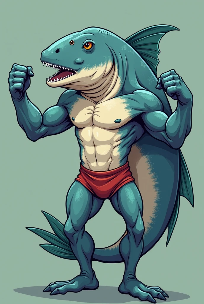 A muscular humanoid fish wearing a speedo making a double biceps, cartoon style
