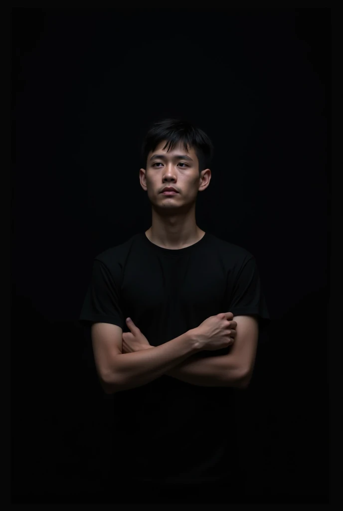 Create a image that a young man standing and he folds his hand and half image till his wrist with black background