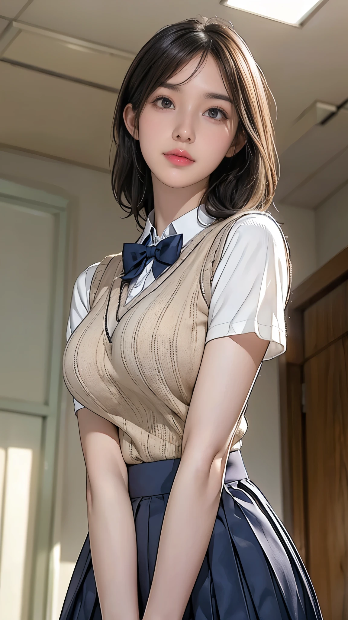 (masterpiece:1.2, Highest quality), (Realistic, photoRealistic:1.4), (Large Breasts:1.5), Beautiful illustrations, (Natural Side Lighting, Cinema Lighting), Written boundary depth, Looking at the audience, (Face Focus, Upper Body), Front view, 1 girl, Japanese, high school girl, 15 years old, Perfect Face, Symmetrical cute face, Glowing Skin, (Bob Hair:1.7,Black Hair), Asymmetrical bangs, Big eyes, Droopy eyes, long eyelashes chest), thin, Beautiful Hair, Beautiful Face, Beautiful and beautiful eyes, Beautiful clavicle, Beautiful body, Beautiful breasts, Beautiful thighs, Beautiful feet, Beautiful fingers, ((Quality fabric texture, Brown knitted vest, Short sleeve white collar shirt, Navy Pleated Skirt, Navy bow tie)), (Beautiful views), evening, (Inside the flower shop), Are standing, (smile, Excellent, Open your mouth), (From below:1.5),(Poor horizon:1.5), (From below)