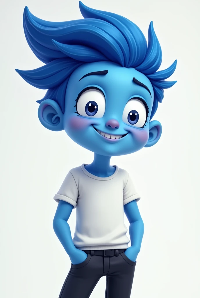 Create a 2D character with blue skin. The character must have a friendly and fun expression, with exaggerated features typical of a cartoon style. Hair should be blue and styled creatively, but not very flashy. The character must wear neutral clothing, like a white shirt and black pants, to complement your blue skin. Avoid using too many flashy colors to maintain a simpler, more cohesive look..