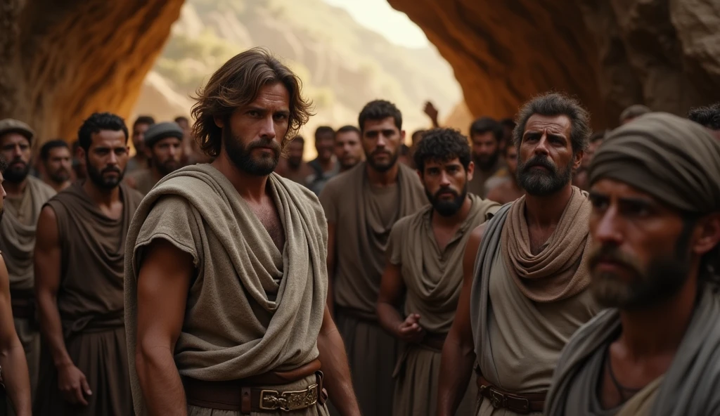 "Create a cinematic and realistic scene of David, the future king of Israel, standing near the entrance to a cave, surrounded by a crowd of disaffected and marginalized people. The atmosphere is tense and hopeful at the same time. Davi, with light brown hair, an expression of determination and compassion, is dressed in simple clothes, but worthy, reflecting his humble origins. The crowd, composed of men and women of different ages and ethnicities, displays faces marked by struggle and sadness, but also for hope. Ao fundo, the cave rises imposingly, symbolizing a refuge in difficult times. Soft evening light illuminates the scene, creating dramatic shadows and highlighting the characters' faces, while the surrounding nature suggests a wild and unexplored environment. This image should capture the essence of unity and mutual support between David and his people., in a moment of transformation and resistance."