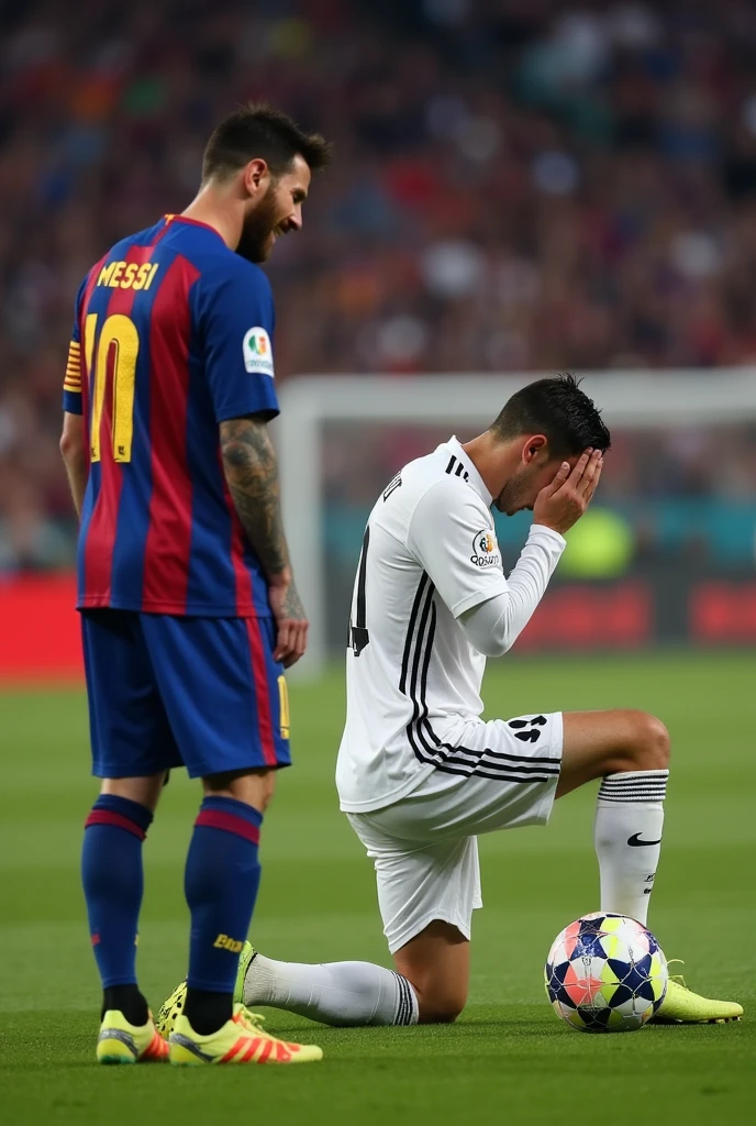 Lionel Messi laughing and Cristiano Ronaldo kneeling crying