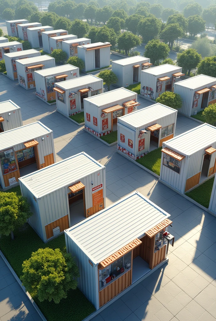 20 units of prefabricated containers shops with these dimensions length 2.43m width 2.43m and height 2.62m , with doors and windows, they are placed 3 meters apart at a public business center with a good land scape, public toilet and big trash bins and a clean walk way