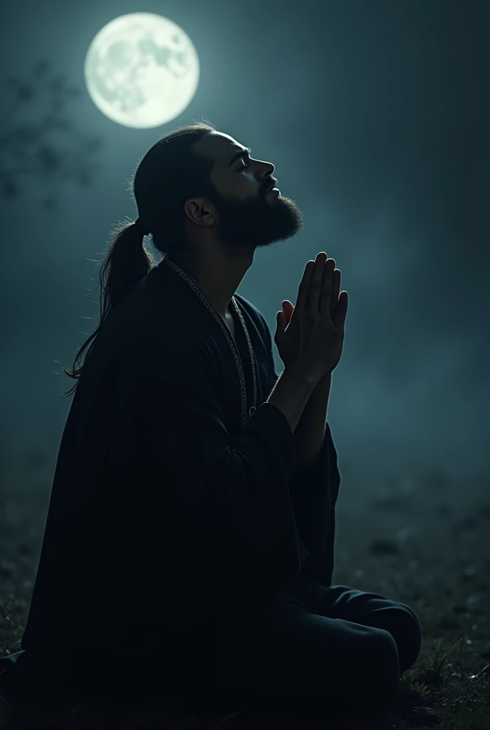 Beautiful long dark hair man ponytail lowed beard on knees praying hands at moon light on beautiful black social clothes