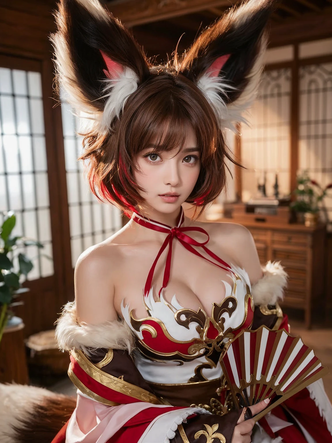 a young woman (larged-size-chest) cosplaying. She has large, fluffy brown and white fox ears, and her hair is short, brown with hints of red, and styled in a slightly messy way that frames her face. Her eyes green color. She wears an intricate costume featuring a mix of red, white, and brown, with golden accents and ornate patterns. The top part of her outfit exposes her shoulders, and a red ribbon ties around her neck. She holds a fan or similar object in her hand, which is partially obscured by her costume. The background consists of a traditional wooden room with large windows, soft lighting, and some decorative elements like wooden furniture and plants. The overall atmosphere is warm