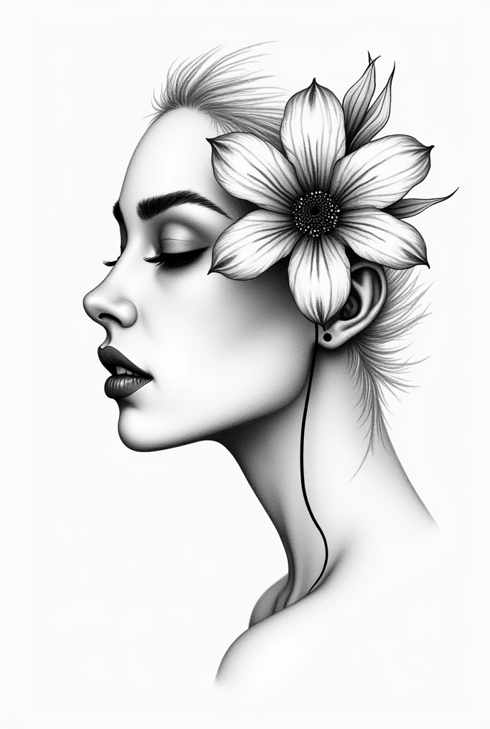 The traces of the contour of the face of a woman of profile with a flower merging with her face, delicate traits, black and white, tattoo drawing