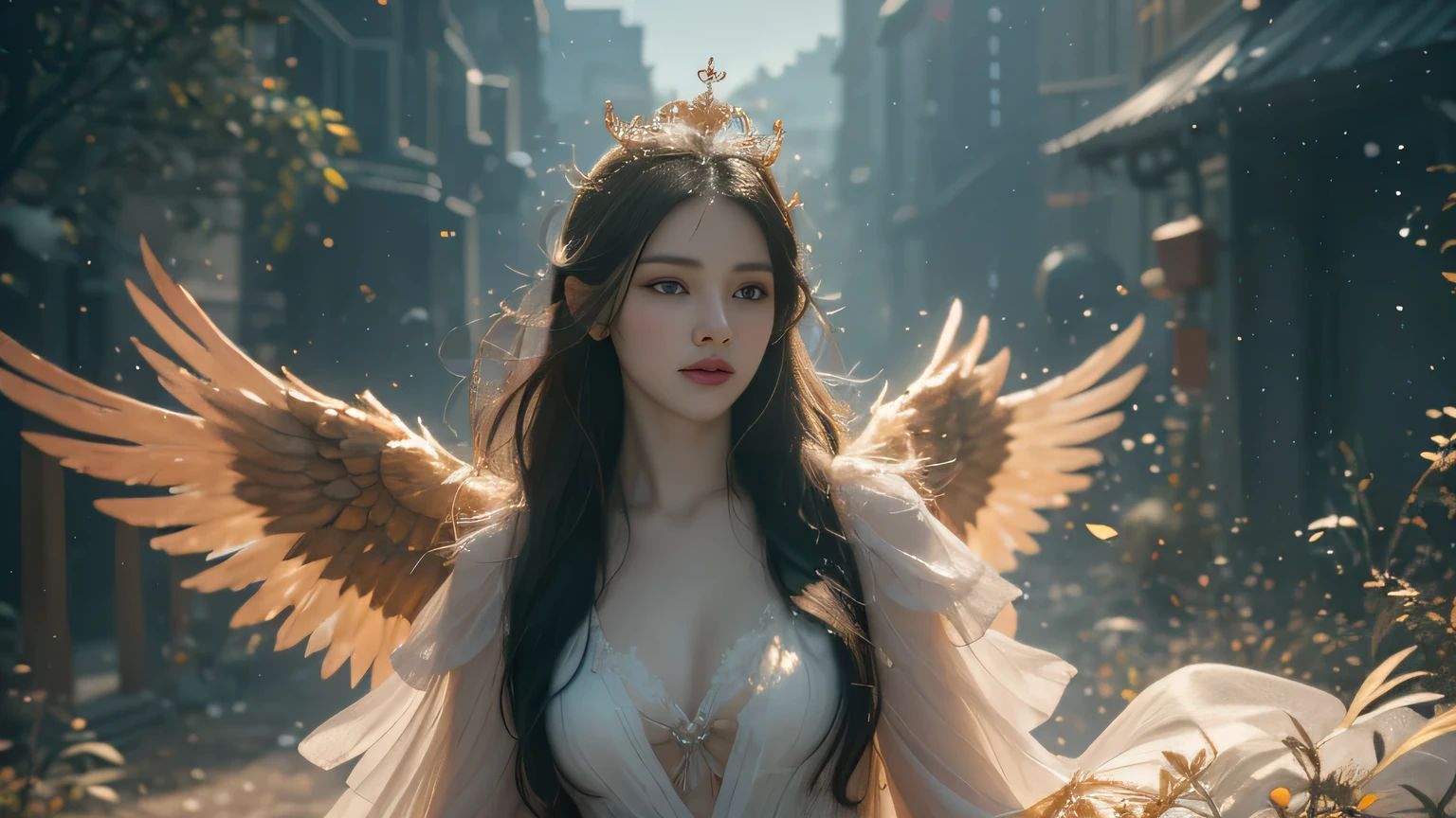 Black Hair, Hair shaking, victory, Long eyelashes, Solid round eye, A faint smile, ears red, direction, Surrealism, shadow, Relief, Stereogram, Standing picture, Throw, Atmospheric perspective, 8K, Super Detail, precise, best quality.masterpiece, best quality, (Extremely detailed CG unity 8k wallpaper), (best quality), (Best Illustration), (The best shadow), absurd, Realistic lighting, (abyss), Beautiful and delicate light, Peter Moore (Peter Mohr Bacher) Artworks,(White Wings 1.3)。Angel Girl,Flying to the clouds,White Cloud,White Cloud,Blue sky。Blue sky。Blue sky。(White papal robe1.3),(Golden Wings 1.3),Wearing a crown on his head,