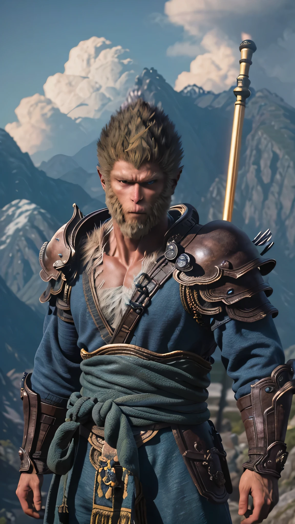 best quality，Very detailed，masterpiece，illustration，wukong（black myth），A boy stands alone on the peak of a rugged mountain range，Male focus，Firm expression，Glowing and delicate eyes，Shadowed side，Wearing a fur chest、armor、Blue clothes、Scapula，Holding a golden staff，Make the Swinging Golden Staff、Looking into the distance，There is sunshine around、cloud，Unreal Engine，8 thousand，Super Detail，Close-up，Movie-level lighting
