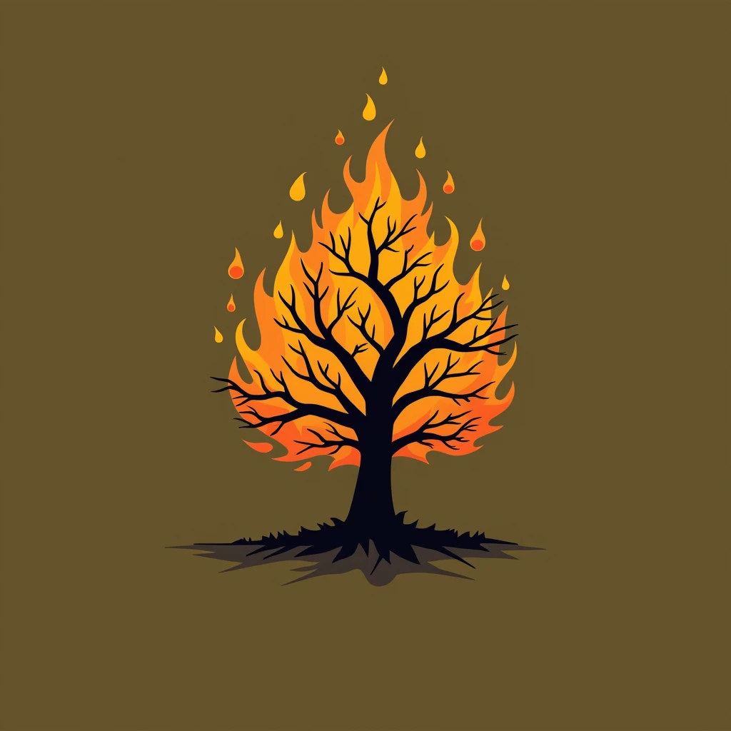 Sarsa (tree) on fire but not burning (tree leaves on fire but not burning), in a bunch, blue sky (vector style)(more black leaves, they don't burn but they are on fire)99 leaves on fire)