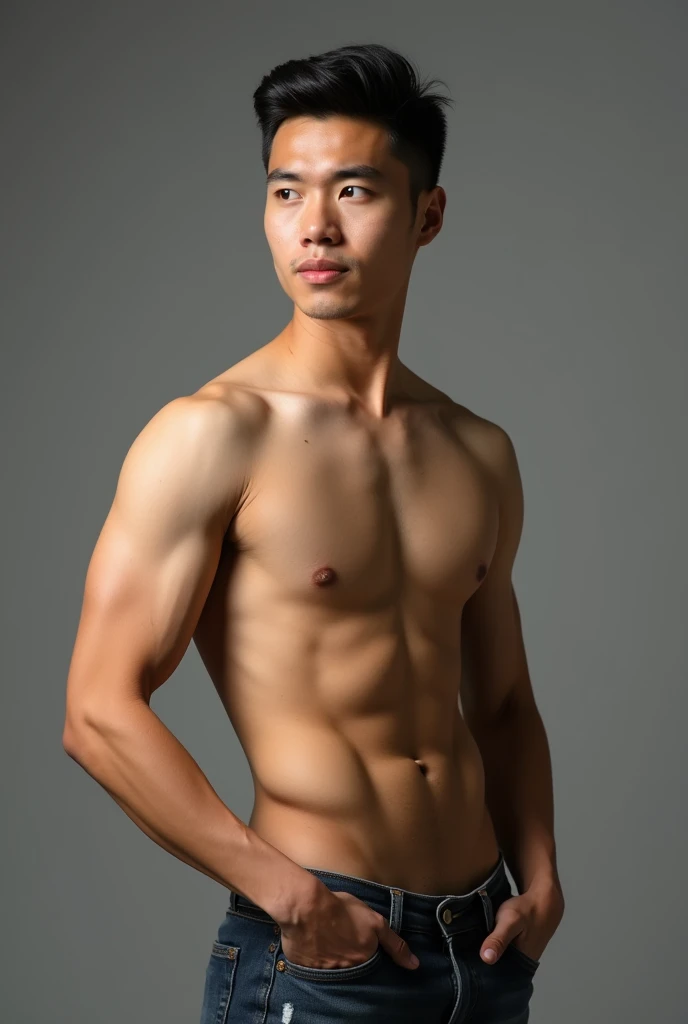 A handsome Asian muscular man is not wearing pants and showing