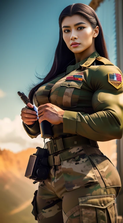 (best quality,4k,8k,highres,masterpiece:1.2),ultra-detailed,realistic,Malaysian women in tight army uniform,strong determination,confident,brave,stern gaze,professional,adorned with medals,sharp focus,physically-based rendering,vivid colors,studio lighting,Malaysian flag backdrop,proud,unwavering spirit,inspiring,regal,encouraging diversity,respectful representation,traditional attire,fierce warriors,dedicated service,heroic,striking pose,defending the nation,unbreakable bond of sisterhood,courageous soldiers,exquisite details,dressed in camouflage,representing strength and grace.