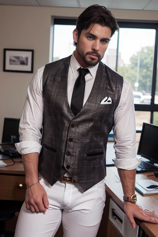 HD 4k wallpaper handsome man blanco rubio sajon muscular strong and muscular legs, physicist-culturist ,((( well-built))), big lump, in white pants, (((White shirt and black tie and brown checked vest with gold trim))), well-built, eyes alpha, close up, perfect hands with leather gloves, With a goatee (((big bulge)))
captivating eyes, perfect face, hyper realistic ultra realistic great detail, in the office, eyes, 30 años de edad