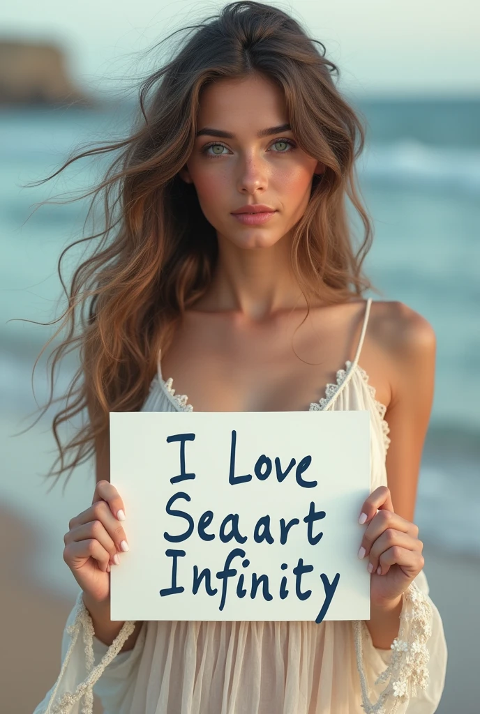 Beautiful girl with wavy long hair, bohemian dress, holding a white board with text "I Love Seaart Infinity" and showing it to the viewer