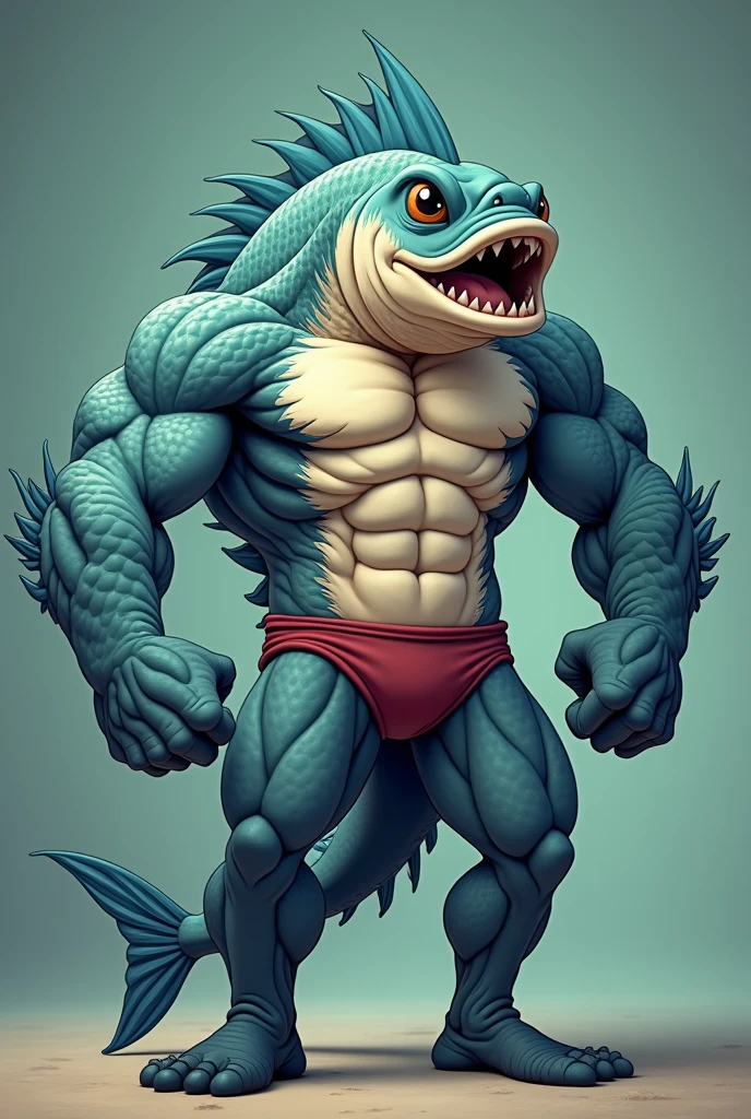 A muscular humanoid fish wearing a speedo making a double biceps, cartoon style
