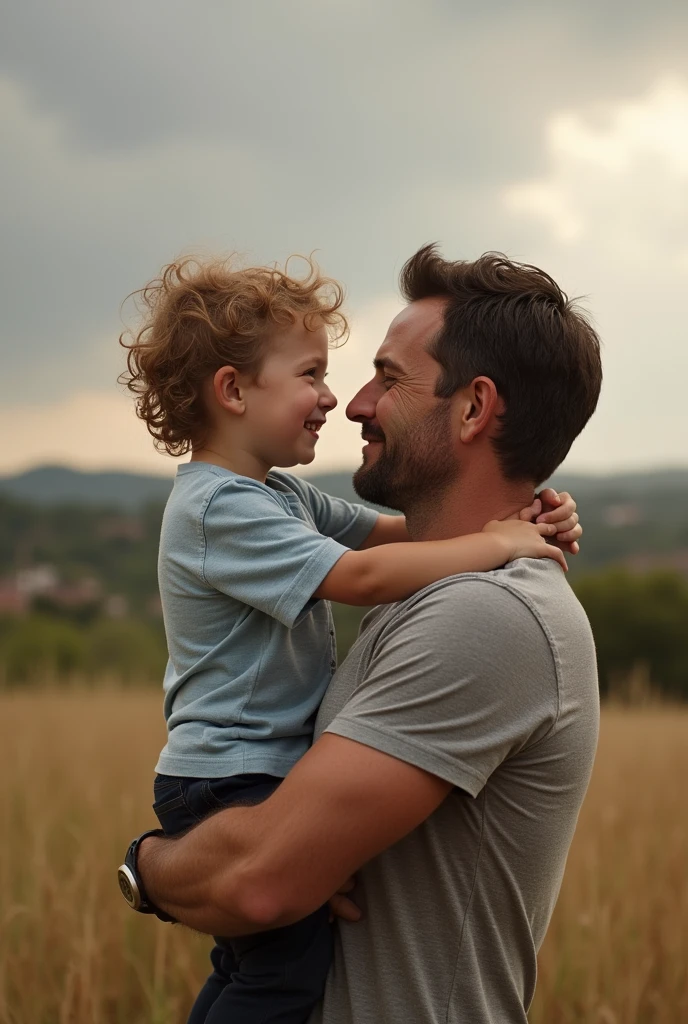 Generate an image with an dad and son, the son