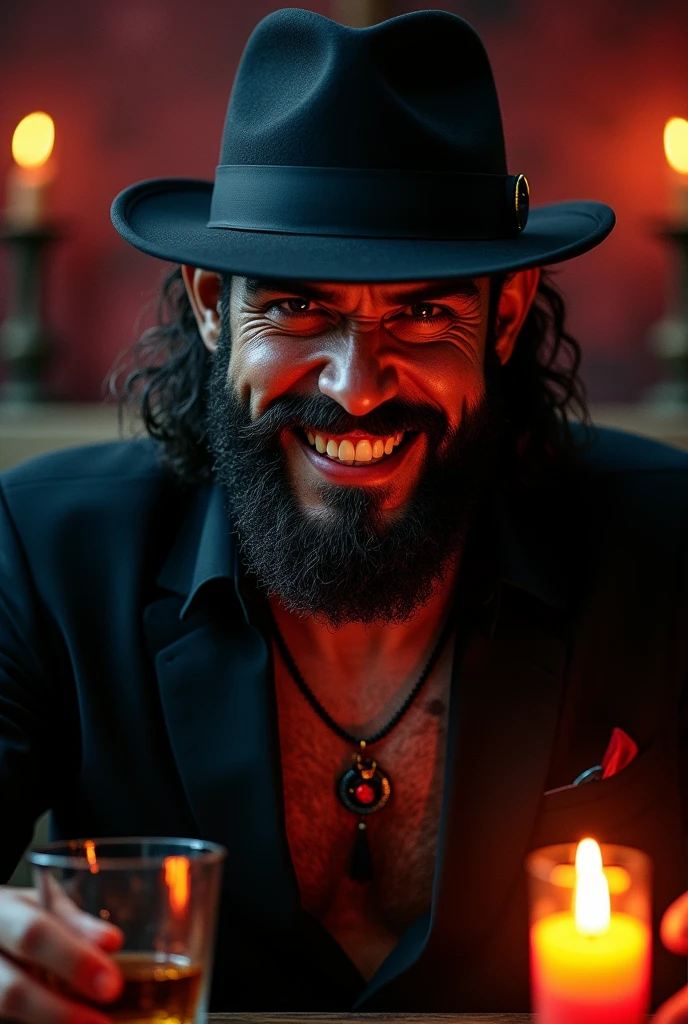 Beautiful man, evil smile, barba, black guys, layer negra detalles en rojo, comment, lit and melted candles, red and black necklace, dark, whiskey glass, black hat, layer, smiling, burly body