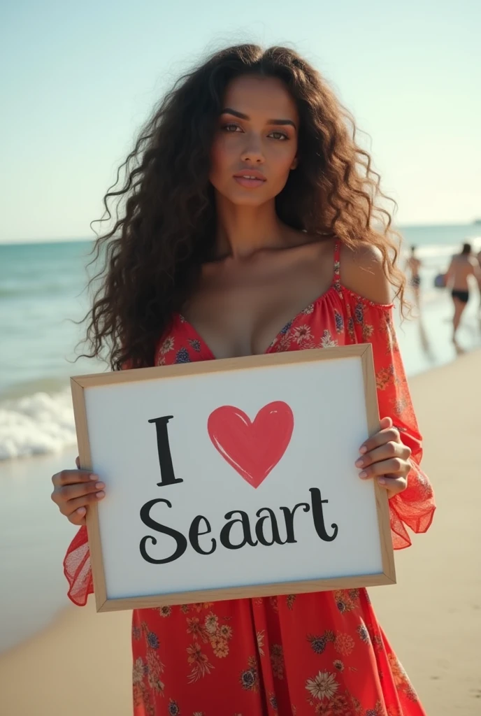 Beautiful moroccan girl with curly long hair, moroccan hot dress, holding a white board with text "I Love Seaart Infinity" and showing it to the viewer on beach with big ass, with black hot black man slap her ass