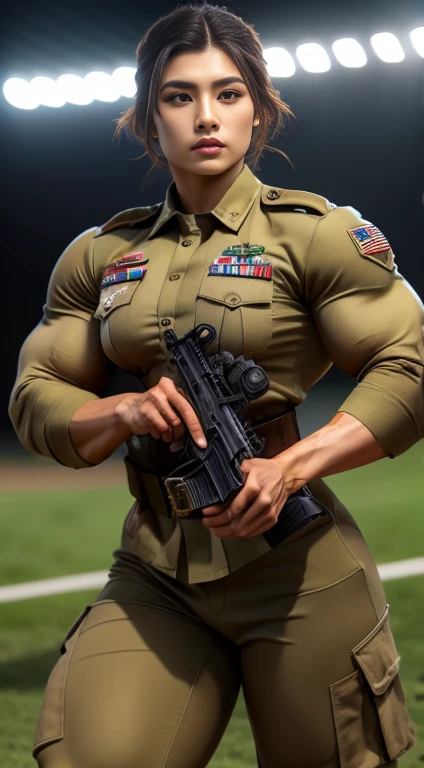 (best quality,4k,8k,highres,masterpiece:1.2),ultra-detailed,realistic,Malaysian women in tight army uniform,strong determination,confident,brave,stern gaze,professional,adorned with medals,sharp focus,physically-based rendering,vivid colors,studio lighting,Malaysian flag backdrop,proud,unwavering spirit,inspiring,regal,encouraging diversity,respectful representation,traditional attire,fierce warriors,dedicated service,heroic,striking pose,defending the nation,unbreakable bond of sisterhood,courageous soldiers,exquisite details,dressed in camouflage,representing strength and grace.