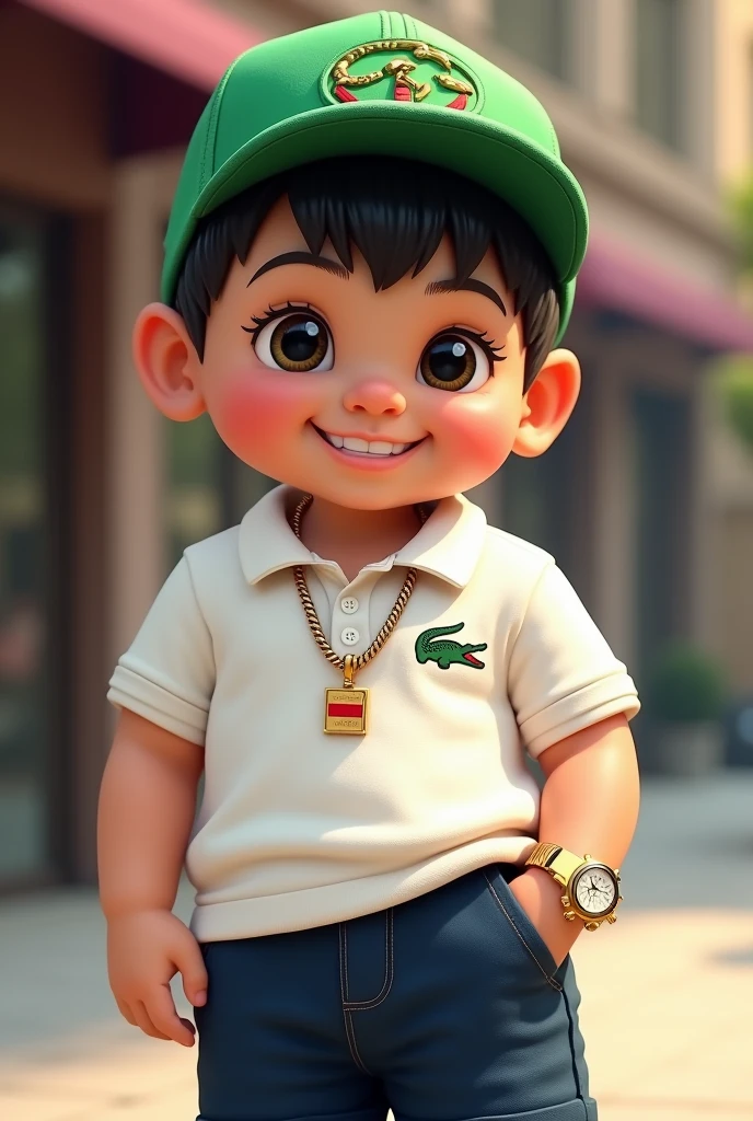 Make a baby boy with a Lacoste shirt, bermuda da Nike, Gucci cap, gold cord with red flag, Invicta gold watch