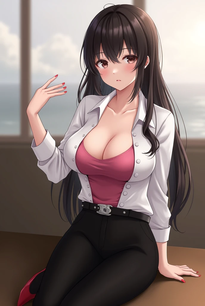 1girl, sofiatakigawa_jav, breasts, eyelashes, looking at viewer, cowboy shot, sitting,
dynamite lighting, attractive body, wearing office attire, white blouse, pink singlet, belt, black pants, red heels.
(ulzzang-6500:0.0), (ultimate quality, masterpiece, highres:1.0), (photorealistic, realistic:1.9),  nice hands, 