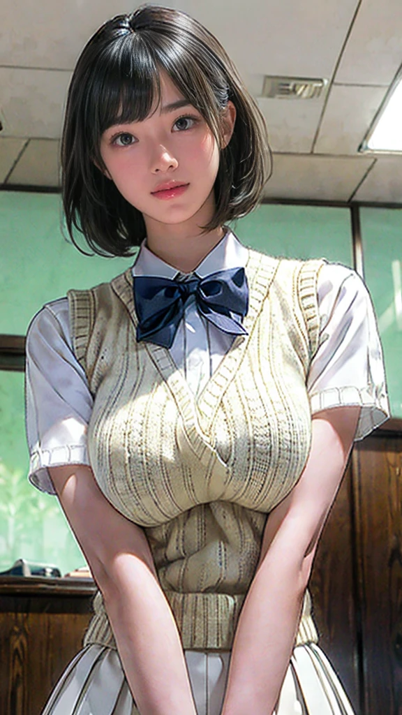 (masterpiece:1.2, Highest quality), (Realistic, photoRealistic:1.4), (Large Breasts:1.5), Beautiful illustrations, (Natural Side Lighting, Cinema Lighting), Written boundary depth, Looking at the audience, (Face Focus, Upper Body), Front view, 1 girl, Japanese, high school girl, 15 years old, Perfect Face, Symmetrical cute face, Glowing Skin, (Bob Hair:1.7,Black Hair), Asymmetrical bangs, Big eyes, Droopy eyes, long eyelashes chest), thin, Beautiful Hair, Beautiful Face, Beautiful and beautiful eyes, Beautiful clavicle, Beautiful body, Beautiful breasts, Beautiful thighs, Beautiful feet, Beautiful fingers, ((Quality fabric texture, Brown knitted vest, Short sleeve white collar shirt, Navy Pleated Skirt, Navy bow tie)), (Beautiful views), evening, (Inside the flower shop), Are standing, (smile, Excellent, Open your mouth), (From below:1.5),(Poor horizon:1.5), (From below)