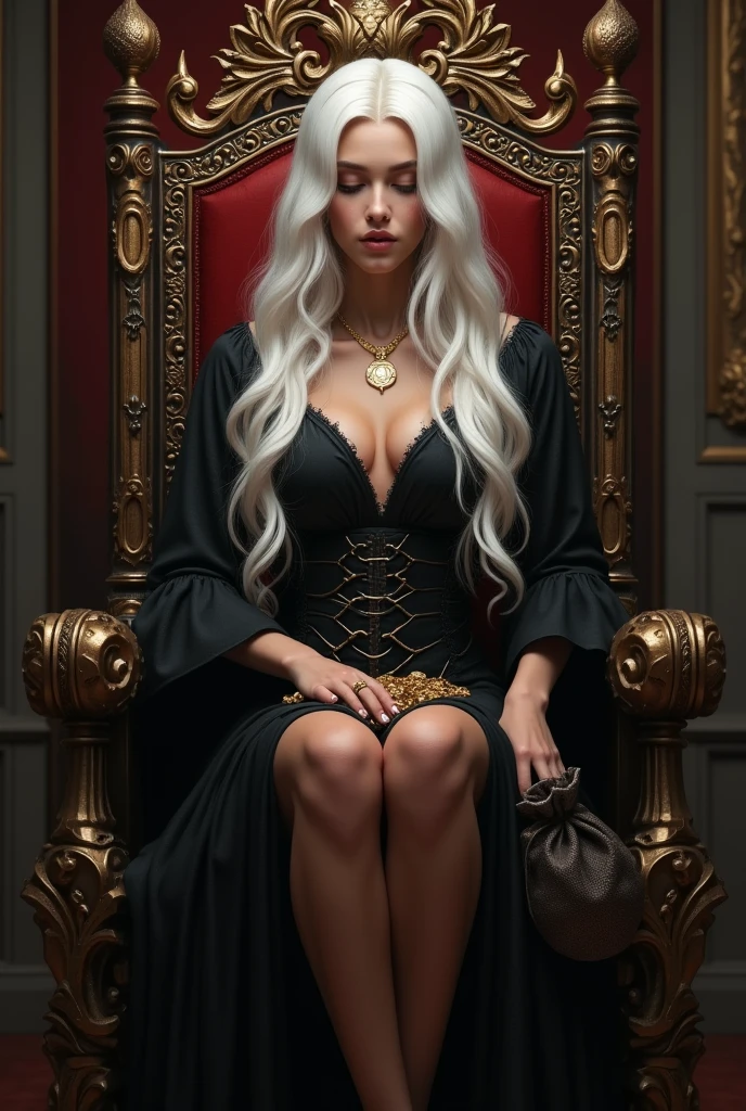 an image of a 19 year old woman with thick thighs, long white hair, closed eyes, lip smile, wearing a noble black dress, sitting on a throne with her legs crossed while holding a small bag of coins