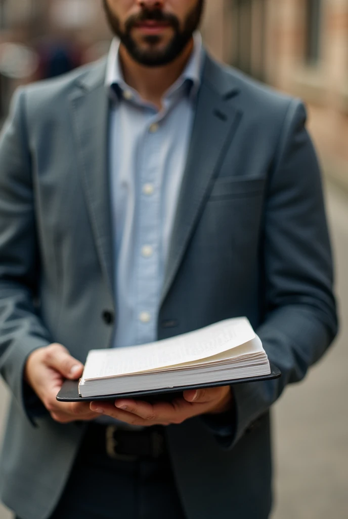 man with open notebook in hand